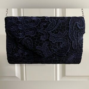 Like New! Elegant Dark Navy Blue Textured Lace Purse that converts to a Clutch